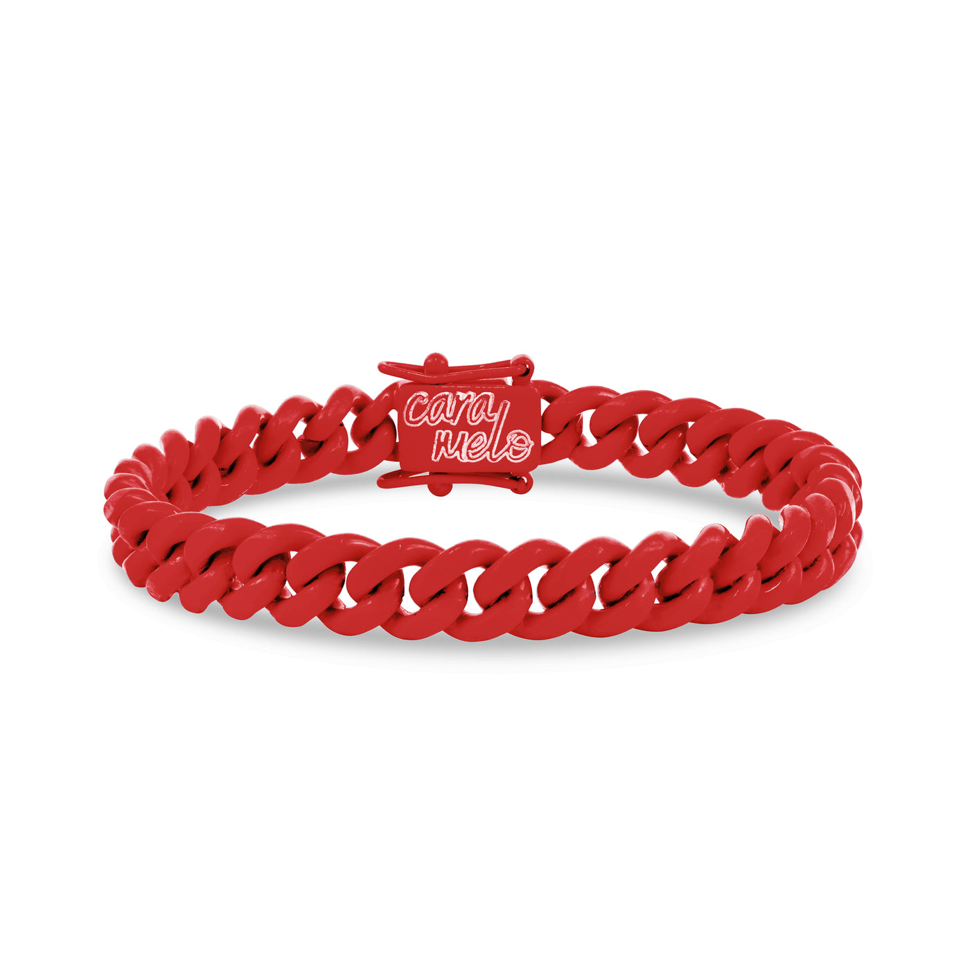 Cherry red Cuban link bracelet handmade in Canada. Custom sizing, recycled stainless steel, lifetime